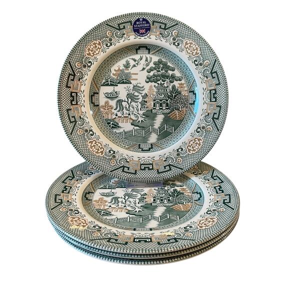 Royal Stafford Dinner Plates 11in Green & Gold Willow Pagoda Set of 4 New - Picture 8 of 16